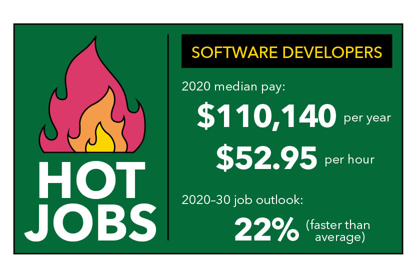 Hot Jobs: Software Developers 2020 Median Pay: $110,140 per year, $52.95 per hour Job Outlook, 2020-30: 22% growth (faster than average)