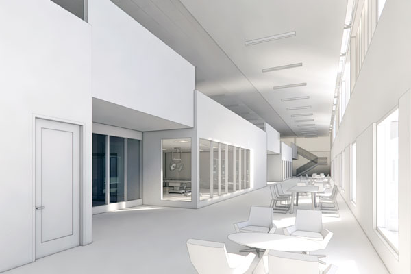 A rendered interior view of the building H renovations