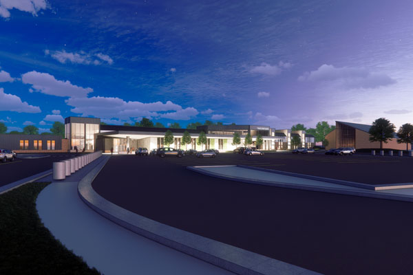 A rendered exterior and night time view of the building H renovations