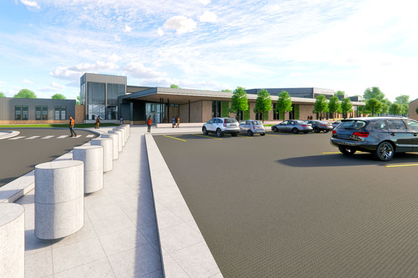 A rendered exterior view of the parking lot and building H renovations