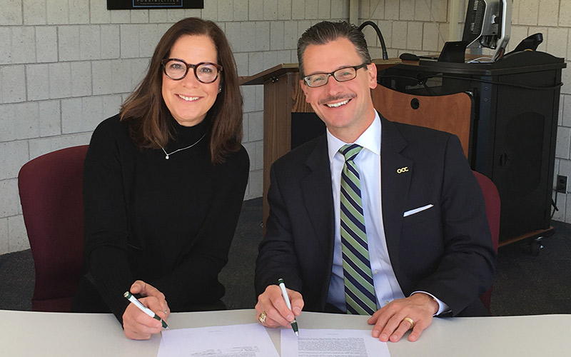 OCC Chancellor Peter Provenzano and Mary Hope McQuiston, Autodesk's VP of Education Experiences sign the agreement.  