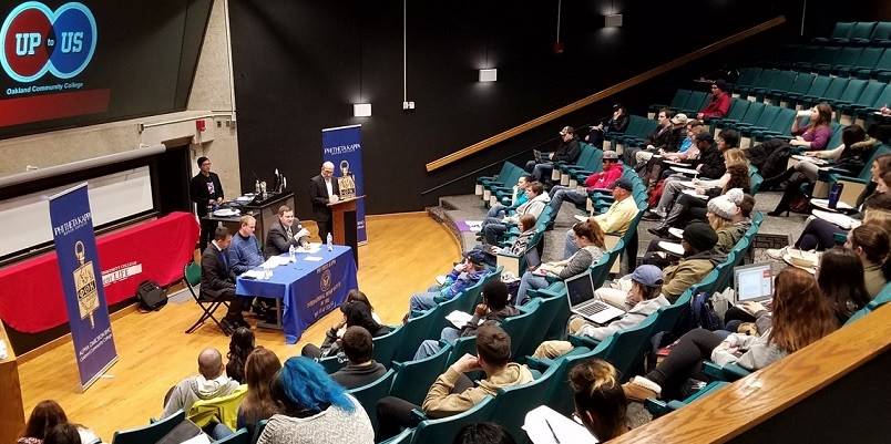 An 'Up to Us'panel discussion moderated by Political Science Discipline Chair Jeffrey Farrah which included Oakland County Treasurer Andy Meisner, OCC Professor Daniel Lawson and Political Advisor Doug Tietz.