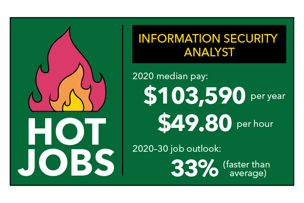 Information Security Analysts 2020 median pay was $103,590 per year or $49.80 per hour. 2020 through 2030 job outlook is a 33% increase which is faster than average